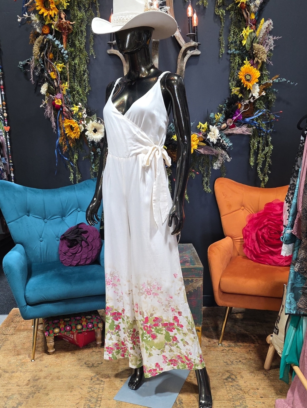 Lily & Lou White Floral Wrap-Style Wide-Leg Jumpsuit